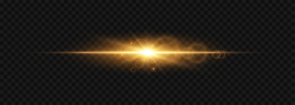 Golden light effect with lens flare and glowing particles on a transparent background
