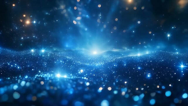 A shimmering landscape of blue and white particles under a starlit sky.