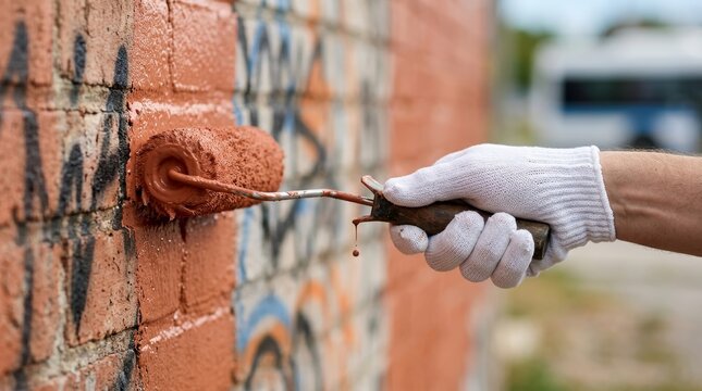 Gloved hand painting graffiti wall with roller brush and orange paint
