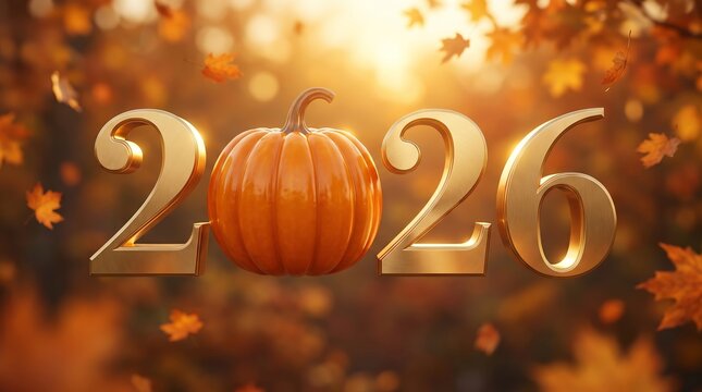 Golden 2026 with pumpkin amidst falling autumn leaves in sunset light