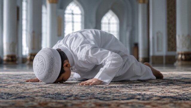 Small child wearing a white kufi and thobe is seen praying on an ornate carpet within a grand Islamic mosque.