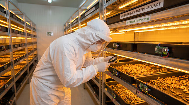 Scientist in protective suit inspecting insect larvae trays for alternative protein sustainable food tech lab facility