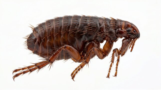 Detailed macro photograph of a common flea insect displaying its segmented body and bristly legs against a plain white backdrop.
