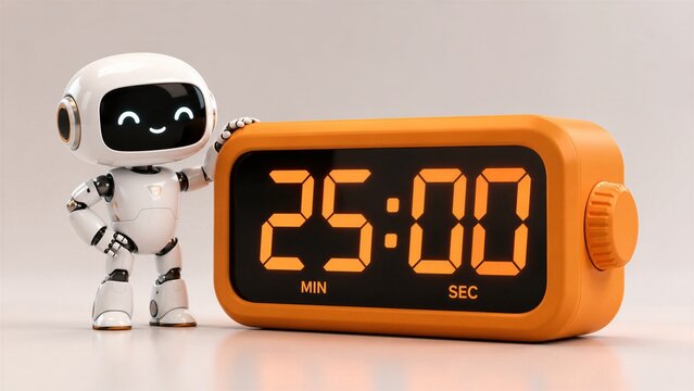 Cute white robot stands next to a large orange digital timer showing a twenty five minute countdown on a plain background.