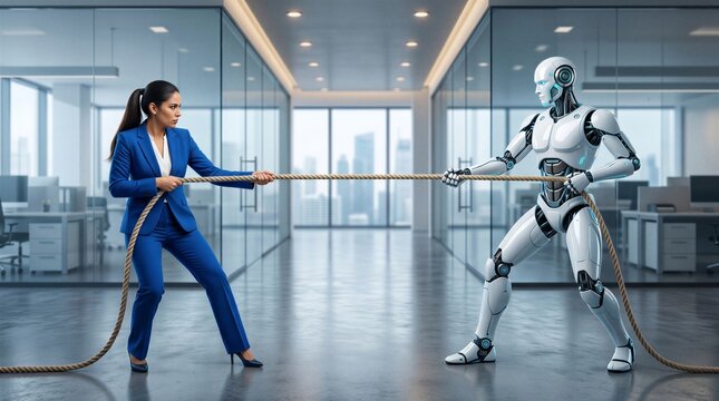 Professional businesswoman engages in a tug of war against a humanoid robot in a modern corporate office setting.