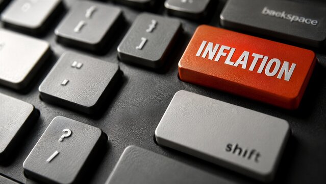 Close-up shot of a computer keyboard featuring a bright red key with the word inflation printed on it to represent rising prices and economic crisis.