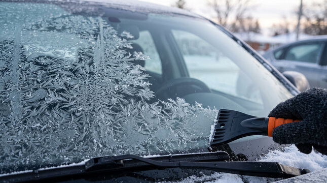 Intricate ice and frost crystal patterns covering car windshield glass in winter