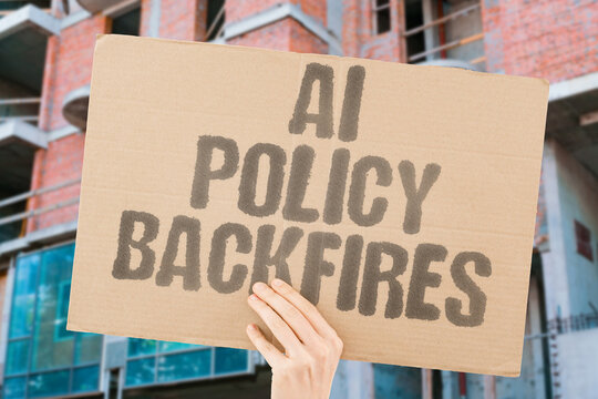 "AI policy backfires" Algorithmic decision causes massive damage. AI. BACKFIRE. DAMAGE. ALGORITHM. CATASTROPHE.