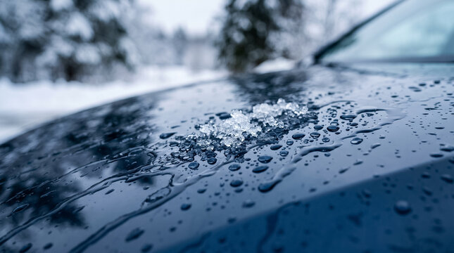 Close-up of melting ice and water droplets on shiny dark car hood surface