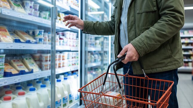 Man in an olive green jacket reaches for dairy products inside a refrigerated display case while holding an orange shopping basket in a supermarket.