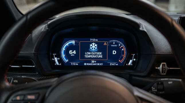 Digital dashboard display showing low outside temperature snowflake warning indicator