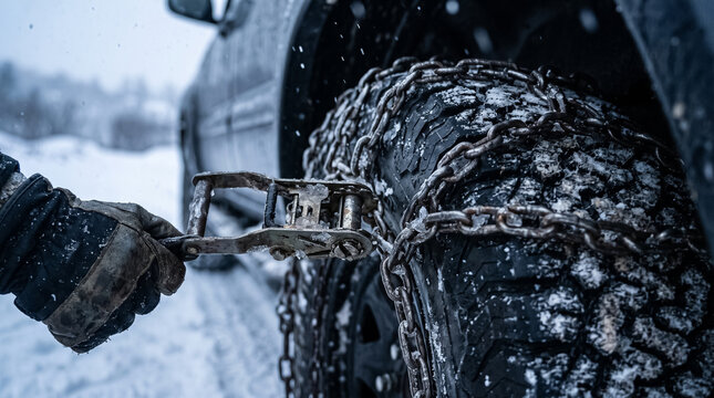 Heavy duty snow chains mounted tightly on big car tire for winter driving traction