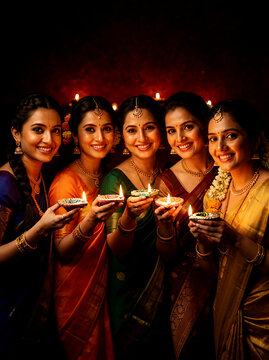 Beautiful Indian Women with saree and golden jewelry holding a Diya lamp, Diwali Festival celebration, colorful Diwali Greeting card, Hindu god puja ritual or welcome for respect to  honorable people