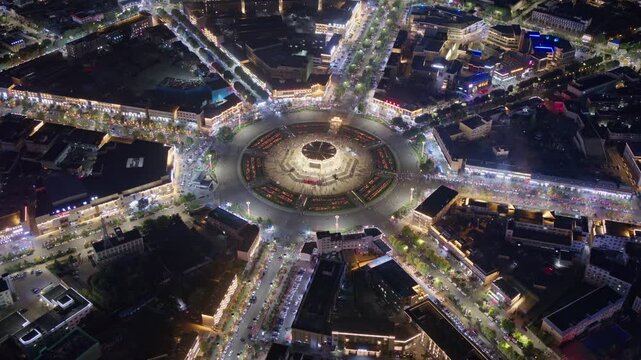 High-Angle Aerial Panoramic View of Tekes Bagua City Nightscape, Ili Unique Bagua I-Ching Geometric Structure, City Lights, Radial Street Network and Concentric Ring Roads in Xinjiang