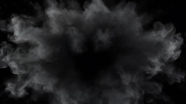 Abstract visualization of a white powder explosion against a black background, captured in three distinct stages.