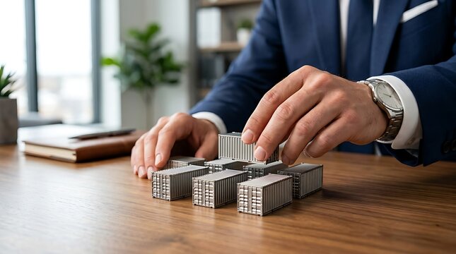 Businessman in a suit arranging miniature metal shipping containers on a wooden office desk