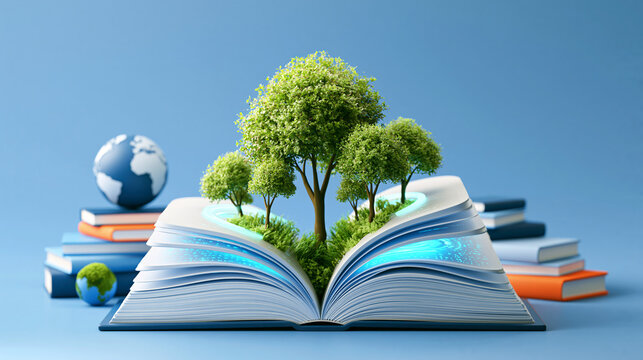 Bright illustration of an open book with glowing digital pages and small green trees emerging from it symbolizing the fusion of nature and technology surrounded by stacked books