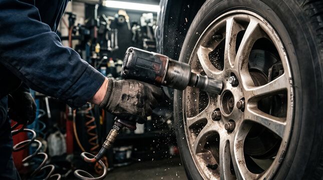 Mechanic using a heavy-duty pneumatic impact wrench to loosen lug nuts on a car wheel