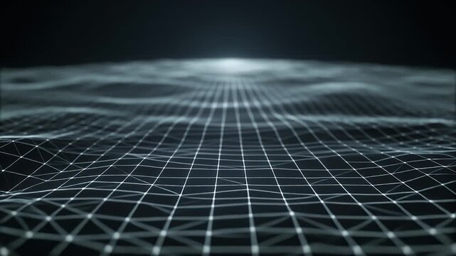 A digital landscape of interconnected lines and nodes forms a grid that recedes into a soft, luminous haze.