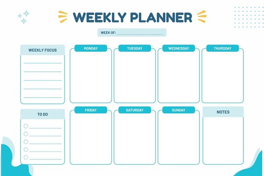 Weekly planner template with daily schedule boxes and task list for time management.