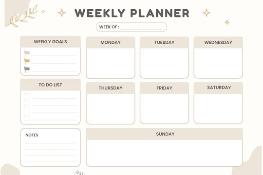 Weekly planner template with goals and to do list for organization and time management.