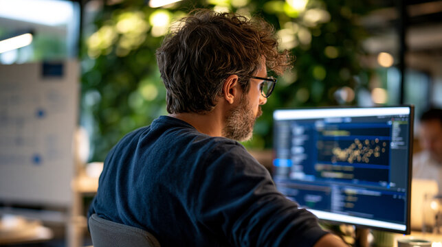 Machine learning engineer seen from behind at a standing desk reviewing quantum hybrid neural network training logs on a bright screen lush indoor plant wall in the background