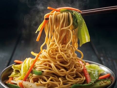 Traditional stir fry noodles with colorful vegetables held by chopsticks