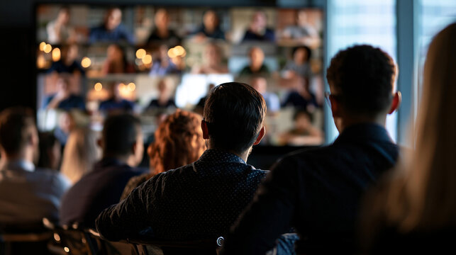 Inclusive leadership session featuring a bright professional diversity training workshop participants displayed on a video conference screen clean modern meeting room interior