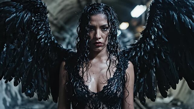 Woman with large black angel wings in subway tunnel.