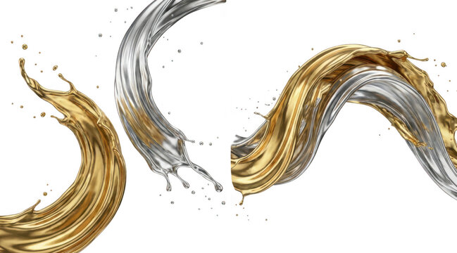 Abstract liquid splashes of gold and silver metallic paint swirling together, isolated on transparent background