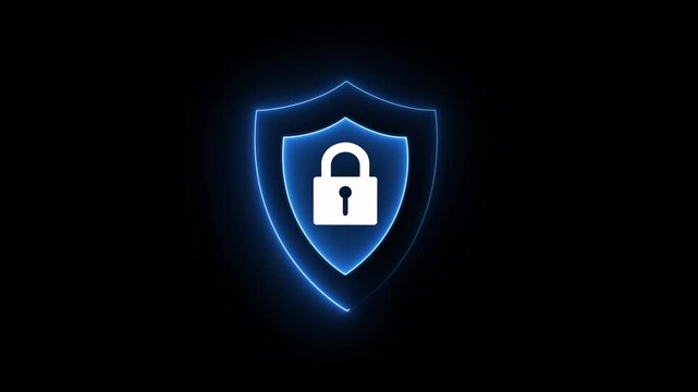 Cyber security and data protection concept animation with glowing blue neon shield and padlock symbol loop on black background for network privacy safety. 4k motion video.