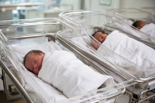 newborn babies sleep in nursery room in white blankets inside clear hospital bassinets, showing routine neonatal care in a modern maternity ward after childbirth and delivery.