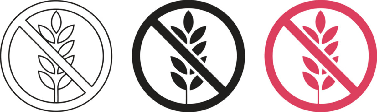 Gluten free vector icon set, no wheat or gluten symbols, wheat grains isolated on white background, vector illustration for food packaging, healthy nutrition, allergy labeling, restaurants,
