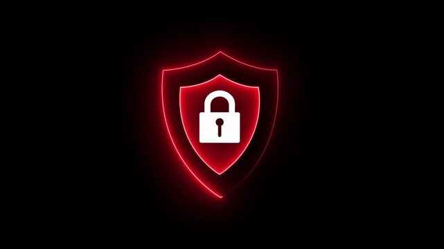 Cyber security and data protection concept animation with glowing Red neon shield and padlock symbol loop on black background for network privacy safety. 4k motion video.