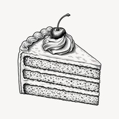 Fototapeta na wymiar A detailed black and white stipple art illustration of a delicious three-layer cake slice topped with whipped cream and a cherry.
