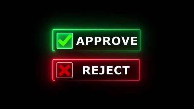 Approve and reject button option UI concept animation with glowing green checkmark and red cross icon loop on black background for decision selection interface. 4k motion video.