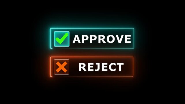 Approve and reject button option UI concept animation with glowing cyan checkmark and orange cross icon loop on black background for decision selection interface. Animation of 4k video.