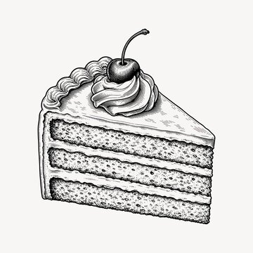 A detailed black and white stipple art illustration of a delicious three-layer cake slice topped with whipped cream and a cherry.