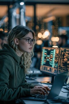 Focused woman working on computer in dimly lit office with multiple screens