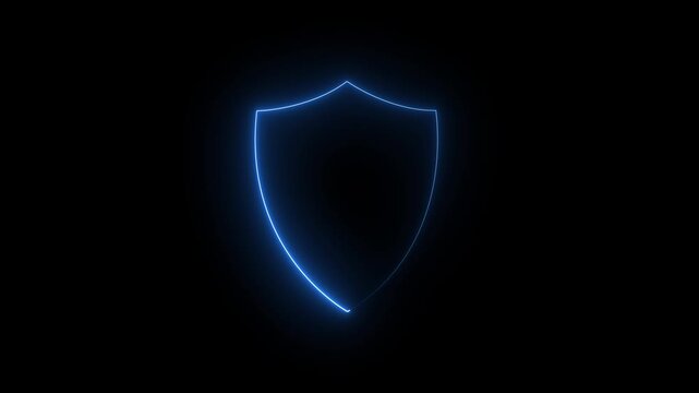 Cyber security shield line icon animation with glowing blue neon contour loop on black background for digital privacy and data protection UI overlay