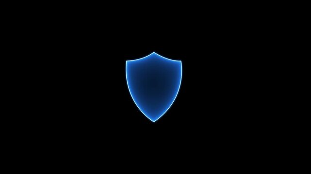 Cyber security shield line icon animation with glowing blue neon contour loop on black background for digital privacy and data protection UI overlay. Animation of 4k video.