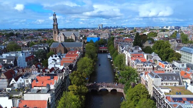 Prinsengracht Canal Westerkerk Amsterdam Aerial 4K