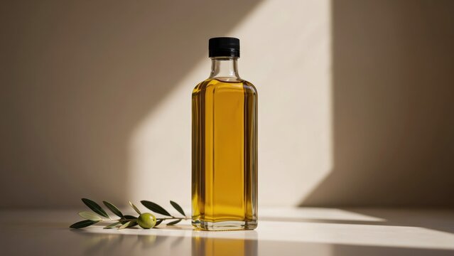 Glass bottle of golden olive oil with a fresh olive branch on a neutral background