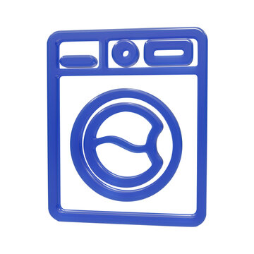 3D glossy blue washing machine icon isolated on white background, modern laundry appliance symbol for web and mobile app design