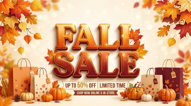 Autumn Sale Poster with Warm Fall Leaves, Seasonal Discounts, Orange Background, Decorative Autumn Elements and Bold Sale Text for Retail Promotion and Holiday Marketing Design