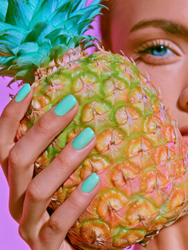 Turquoise nails wrapped around a golden green pineapple in close view. Ideal for beauty campaigns, tropical advertising, and pop art product branding.