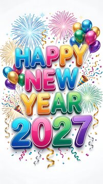 Happy new year 2027 colorful bright text balloons fireworks confetti
