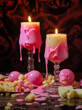 Two burning pink candles in stemware among cheese and candy. Perfect for surreal event styling, candle advertising, and dramatic celebration campaigns.