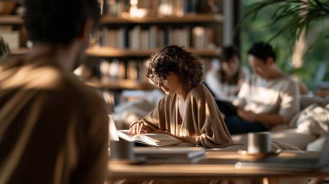 Continuous learning concept featuring young people seen from behind reading and relaxing in a bright cozy home office hybrid work lifestyle atmosphere clean warm interior