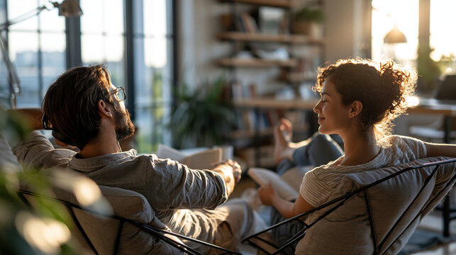 Continuous learning concept featuring young people seen from behind reading and relaxing in a bright cozy home office hybrid work lifestyle atmosphere clean warm interior
